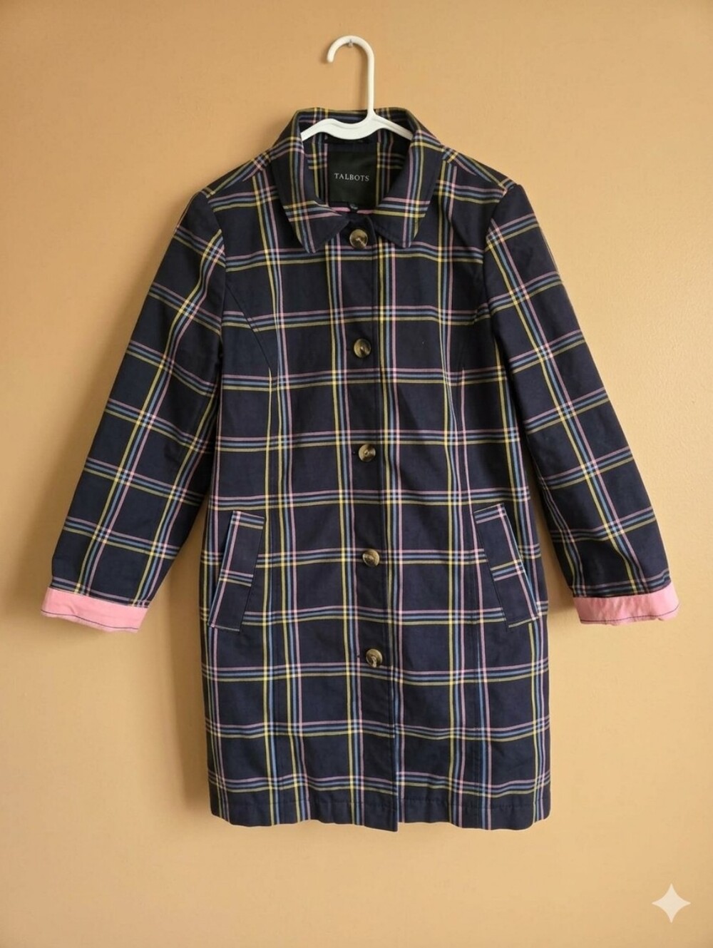 Fall Preppy Business Casual Talbots Navy Plaid Coat with Pink Trim
